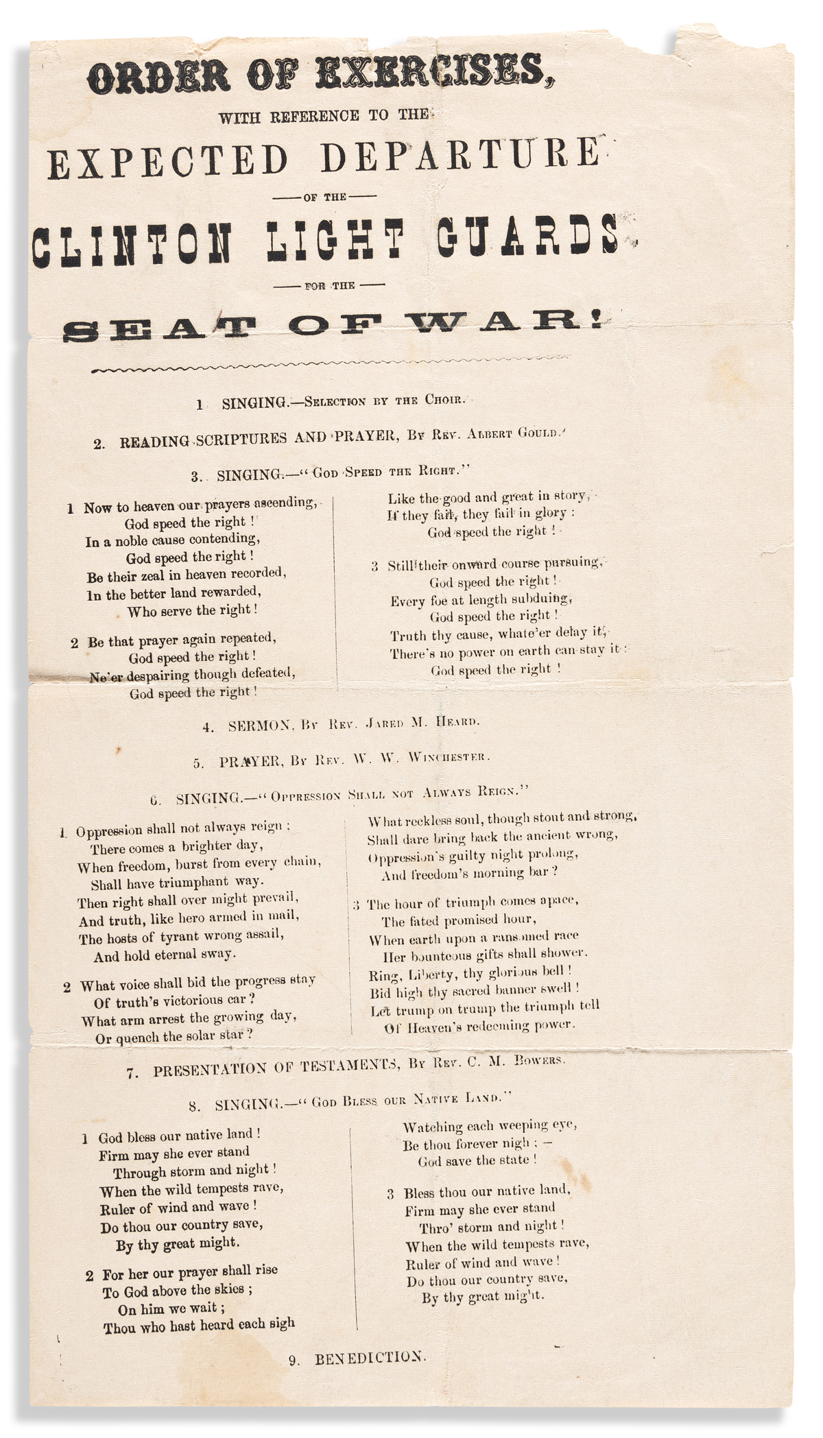 (CIVIL WAR--MASSACHUSETTS.) Order of Exercises with Reference to the Expected Departure of the Clinton Light Guards for the Seat of War